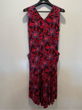 Red Floral Sleeveless Capri Jumpsuit Cinch Waist Approx M